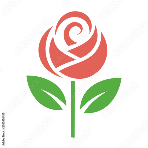 Flat design rose icon with leaves and stem