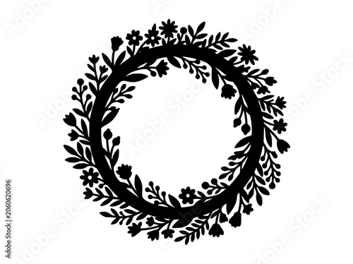 Black Floral Wreath Silhouette with Hand-Drawn Leaves and Flowers