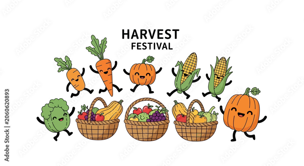 Naklejka premium Happy Harvest Festival Vegetables and Fruits Cartoon Characters