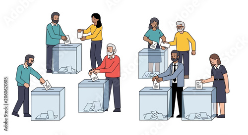 Fotografie Diverse people casting votes in transparent ballot boxes, election concept