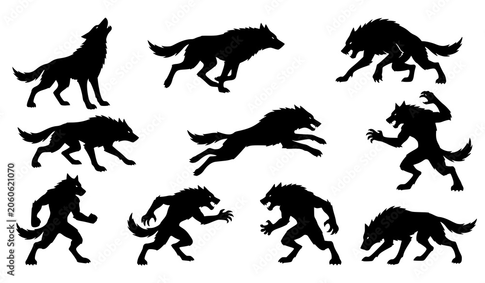 Obraz premium Ten Werewolf Silhouettes in Dynamic Halloween Horror Poses Vector Collection