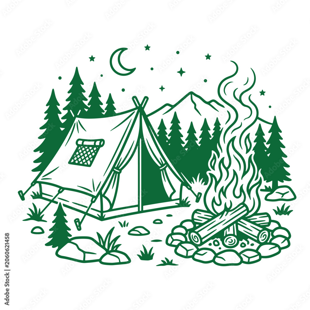 Obraz premium Camping tent and bonfire vector illustration in forest wilderness setting with night sky and mountains, campfire