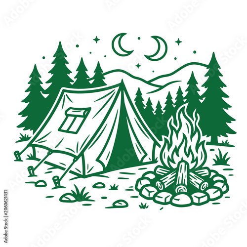 Camping scene with tent and campfire in pine forest under starry sky with moon at wilderness campsite, campfire