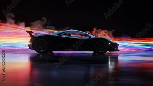 Black Modern Supercar Driving Fast with Colorful Light Trails in Dark Studio