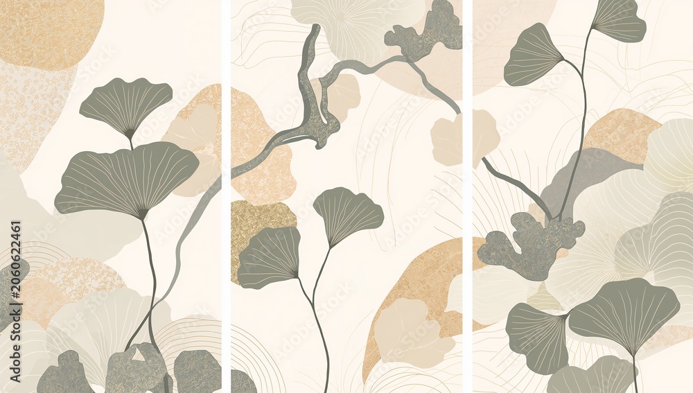 Naklejka premium Luxury botanical triptych artwork featuring elegant ginkgo leaf silhouettes, flowing organic lines, and layered natural forms in 4K