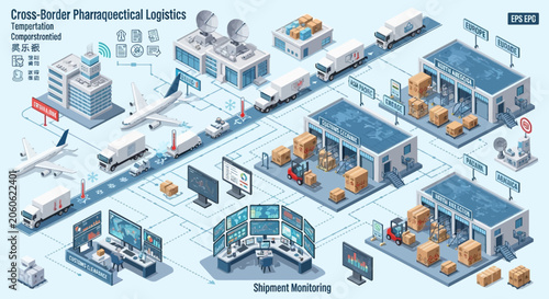 Isometric illustration of global pharmaceutical supply chain and logistics network.