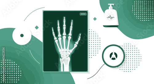 Medical Illustration Featuring X-Ray Hand and Healthcare Essentials for Diagnosing