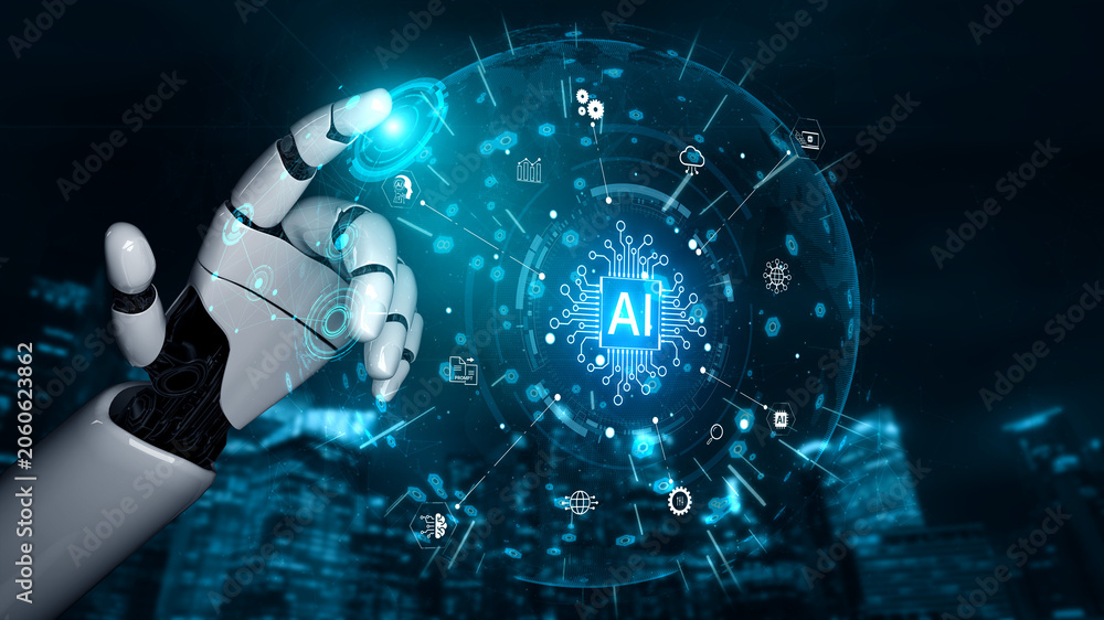 Fototapeta premium Artificial intelligence at the center of a connected ecosystem enabling automation, analytics, cloud computing and smart services. Corpus