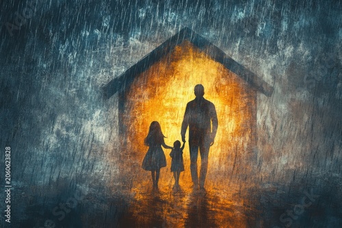 Family seeking shelter in a house during a storm