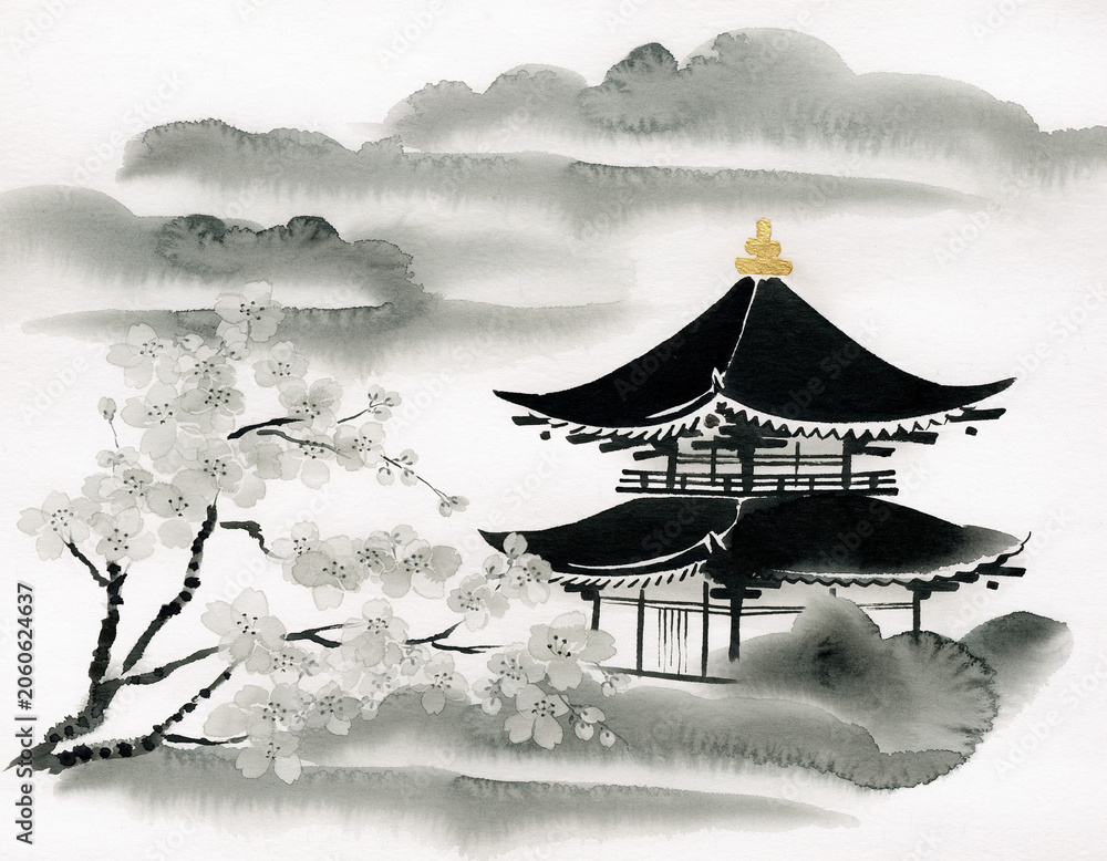 Obraz premium Sumi-e ink painting of a traditional Japanese temple with cherry blossoms and clouds, minimalist monochrome wall art with gold accent