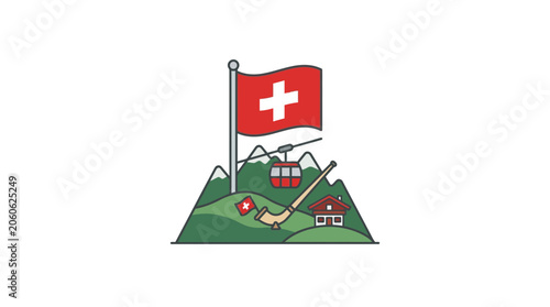 Swiss Alpine Landscape Illustration with Flag and Cable Car