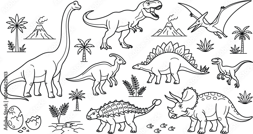 Fototapeta premium Dinosaur prehistoric animals collection including tyrannosaurus rex triceratops stegosaurus volcanos and palm trees outline line art vector illustration
