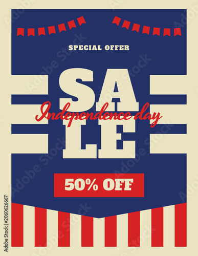 Independence Day sale poster background design. 4th of July special offer 50 percent off discount template with patriotic striped decoration in flat style. Vector illustration