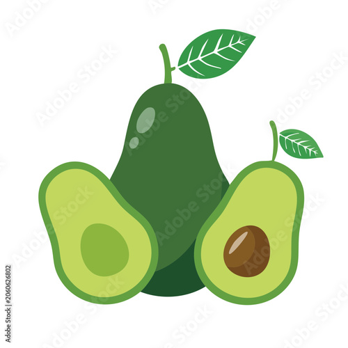 Flat Design Illustration of Avocado with Halves and Leaf