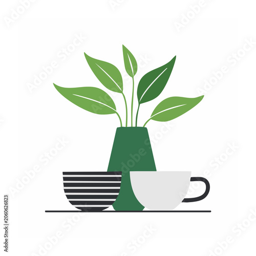 Flat design illustration of potted plant and coffee cup