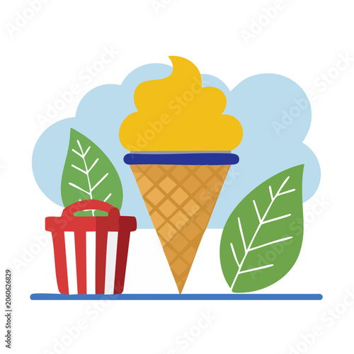 Flat design illustration of ice cream cone with leaves and shopping