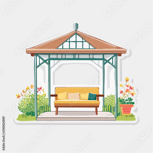Gazebo with Yellow Sofa and Flowers