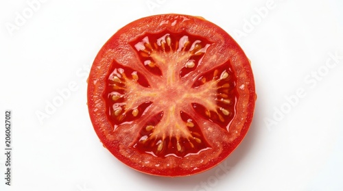 Fresh ripe tomato slice showing internal structure isolated on white background with cross section vegetable nutrition ingredient internal structure vegetarian culinary