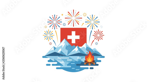 Swiss National Day Celebration Illustration with Alps and Fireworks