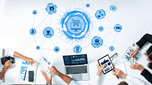 Fotografie Omni-channel marketing and online shopping strategies, cross-platform customer experience, brand unification, and integrated marketing communication across digital channels