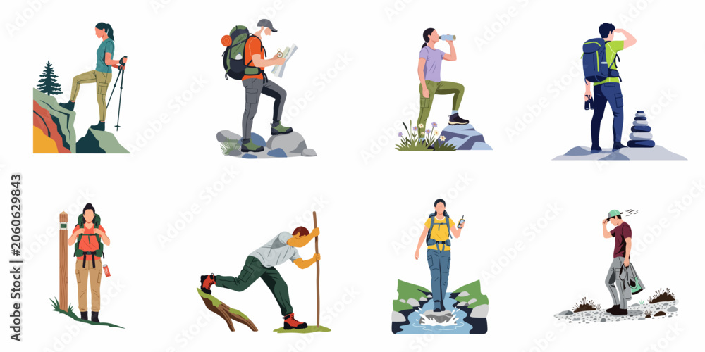 Fototapeta premium Vector illustration set of diverse people hiking, trekking, and enjoying outdoor adventures in nature with backpacks, maps, and gear on white background.