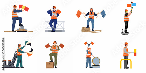 Photos Collection of illustrations featuring maritime signalmen and dock workers in high-visibility gear using flags and equipment for port communication and safety