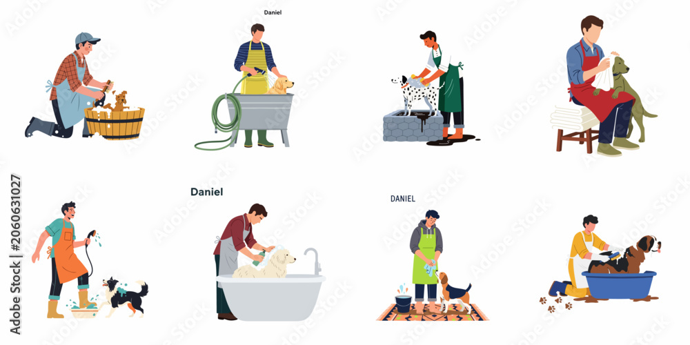 Fototapeta premium Flat Vector Illustrations of Men Washing, Scrubbing, and Drying Different Breeds of Dogs in Tubs and Bathtubs for Pet Care Service.