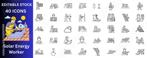 Solar Energy Worker Icon Set. Solar Panels, Technician Installation, Rooftop Mounting, Maintenance Tools and more. Editable stock. Vector illustration