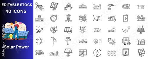 Solar Power Icon Set. Solar Energy, Photovoltaic Panels, Renewable Electricity, Battery Storage, Smart Grid and more. Editable stock. Vector illustration