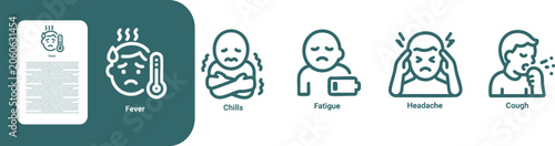 fever Chills Fatigue Headache Cough thin line icon