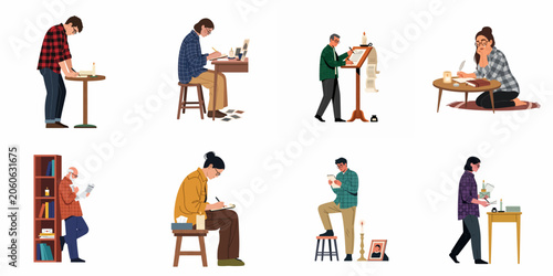 Canvas Print Collection of diverse people writing letters, eulogies, and notes of grief or remembrance by candlelight in a somber and reflective atmosphere