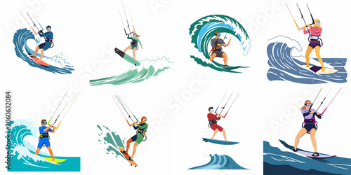 Bild auf Leinwand Set of vector illustrations featuring men and women kitesurfing on big ocean waves with kiteboards and gear in various dynamic poses