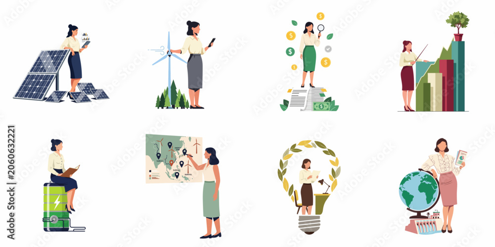 Fototapeta premium Set of flat illustrations featuring professional women working in renewable energy, green business, and environmental sustainability management sectors.
