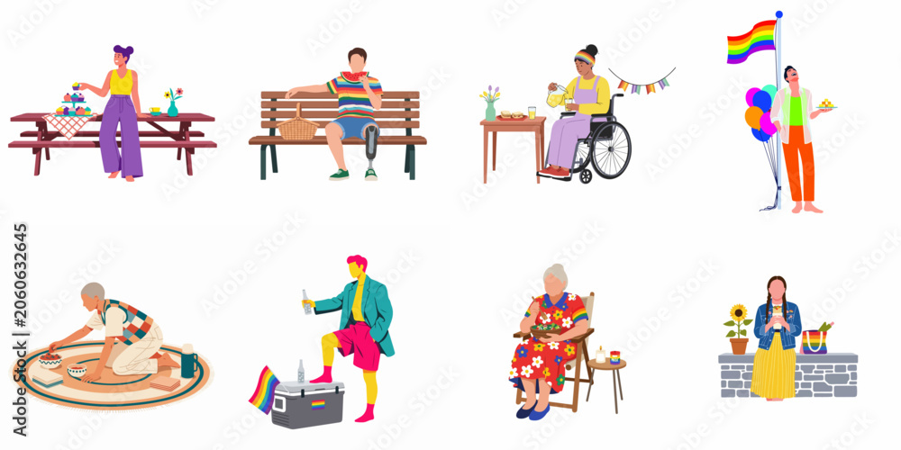 Naklejka premium Set of Diverse People Celebrating Pride Month with Outdoors Activities, Picnics, and Food Illustrations Isolated on White Background