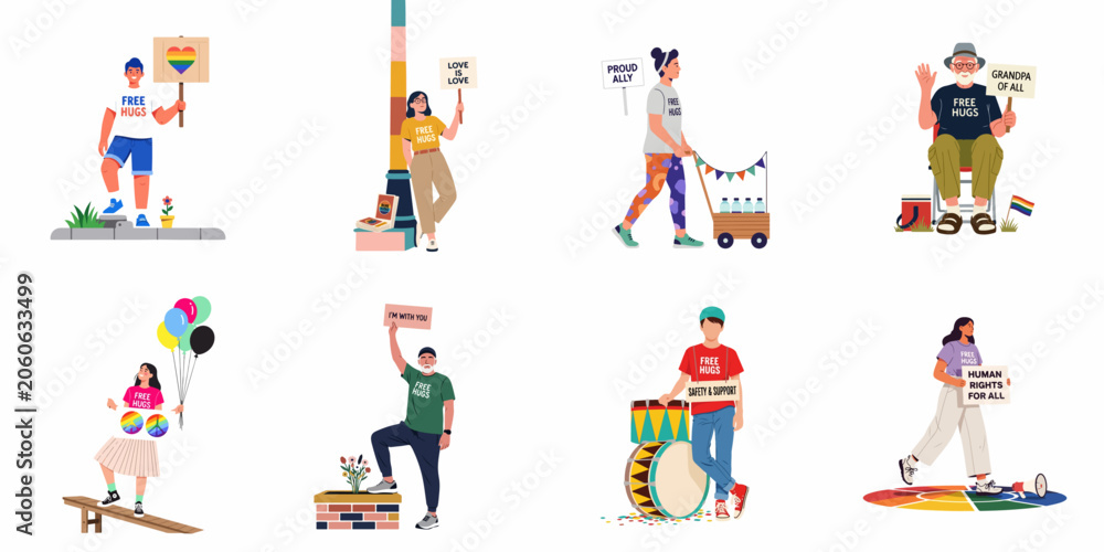 Fototapeta premium Diverse Set of People Participating in an LGBTQ+ Pride Parade with Free Hugs Signs and Supportive Messages