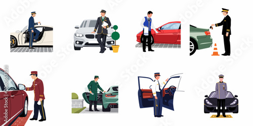 Fotografie Set of flat vector illustrations depicting professional valet parking attendants in various uniforms serving luxury car owners at hotels and upscale events