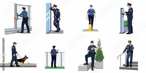 Bild auf Leinwand Flat vector illustrations of security guards and police officers performing duties like patrolling, surveillance, using technology, and working with a K9 police dog