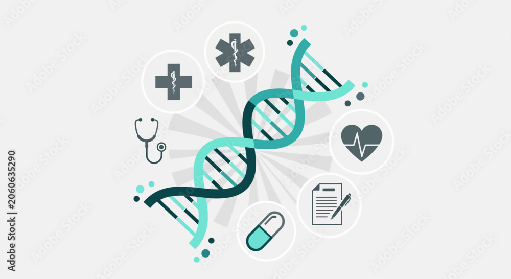 Fototapeta premium Medical Innovation: Genetic Code and Healthcare Icons Depicting Modern Medicine Concept