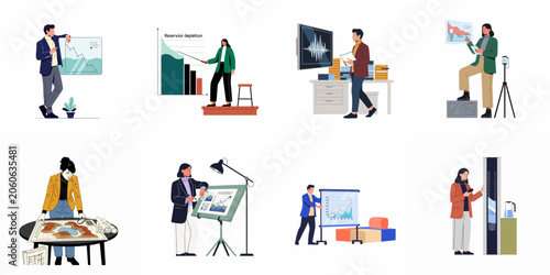 Fotografie Diverse professionals analyzing complex data, geological maps, and charts in a collection of flat character illustrations for technical business contexts