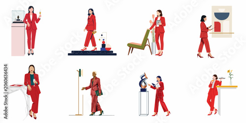 Set of illustrations depicting professional women in stylish red suits attending art gallery openings, jewelry exhibitions, and corporate networking events.
