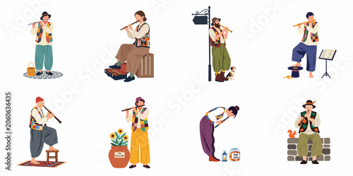 Set of eight diverse street musicians in colorful folk costumes playing flutes and wind instruments, shown in various poses and busking settings.