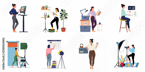 A collection of flat vector illustrations of women working in various professional fields like photography, event planning, and digital content creation.