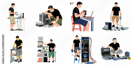 Illustrations of a digital forensic expert performing data recovery, hardware investigation, and evidence handling with write blockers, servers, and storage devices.