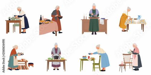Flat vector illustration collection of elderly women in traditional attire preparing and serving homemade food in various cozy domestic settings.