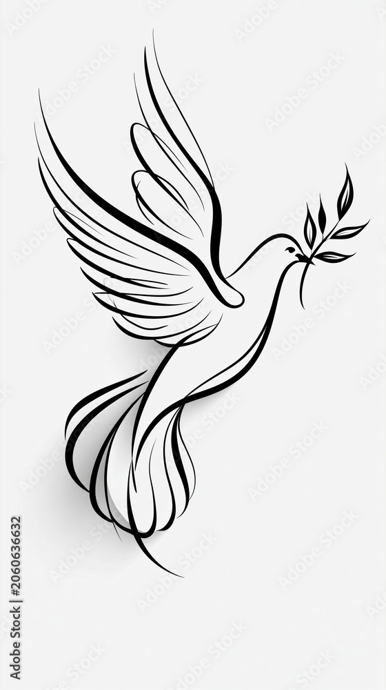 Obraz premium Dove of Peace: A stylized drawing of a dove in flight, carrying an olive branch in its beak, symbolizing peace and harmony.