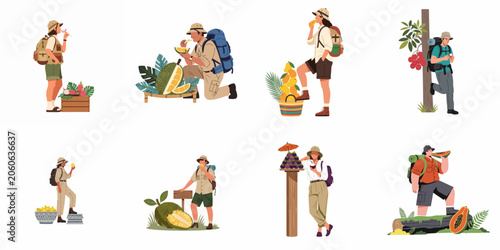 Vector illustrations of travelers and explorers tasting various exotic tropical fruits including durian, mango, papaya, and jackfruit during their outdoor adventures.