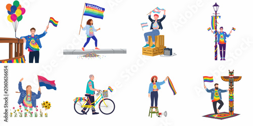 Illustrations of diverse people celebrating LGBTQ+ pride with rainbow flags, balloons, and colorful outfits, isolated on a white background.