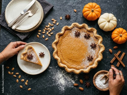 Delicious homemade pumpkin pie served with a slice on a dark rustic table