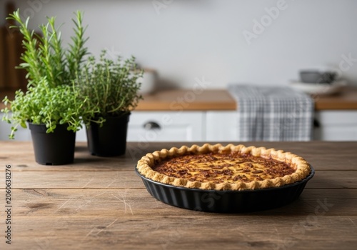 Golden pecan pie with flaky crust rests on a wooden table beside fresh herbs in a warm kitchen setting