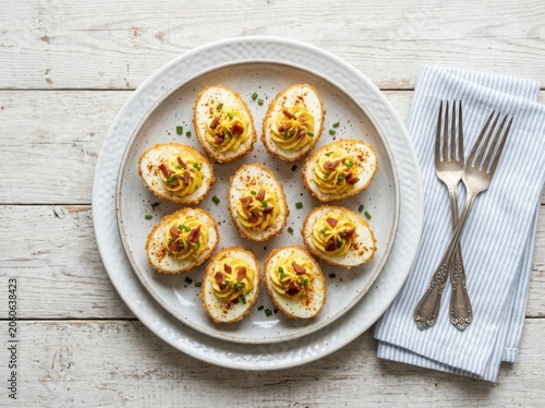 Gourmet Deviled Eggs Appetizer Arrangement on a White Plate with Garnish